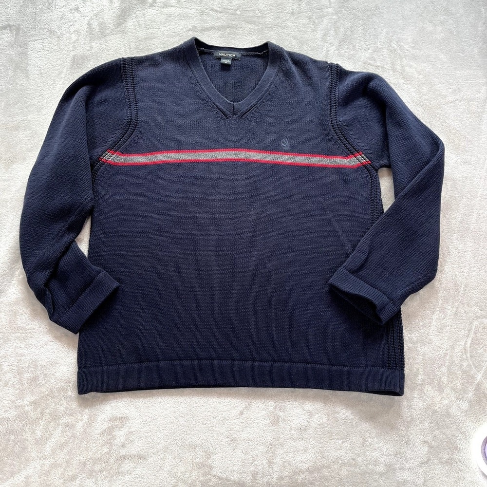 Y2K Nautica V-Neck Sweater M Navy Blue Striped Cotton Knit Coastal Transitional - Picture 2 of 9